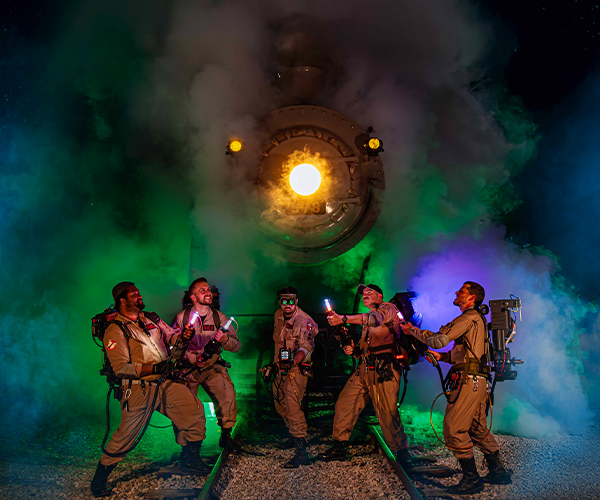 The Ghostbusters confront an evil monster lurking at the end of the track during the Ohio Railway Museum's Ghost Trolley event.