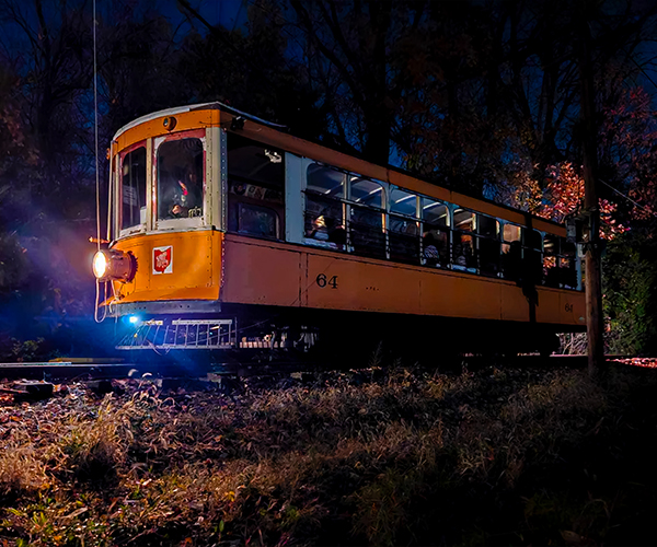 The ghost trolley halts as it ferries souls returning from their eerie ride along the tracks at the Ohio Railway Museum in Worthington, Ohio.